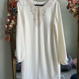 Trina Turk White Long Sleeve Dress with Gold Accents
